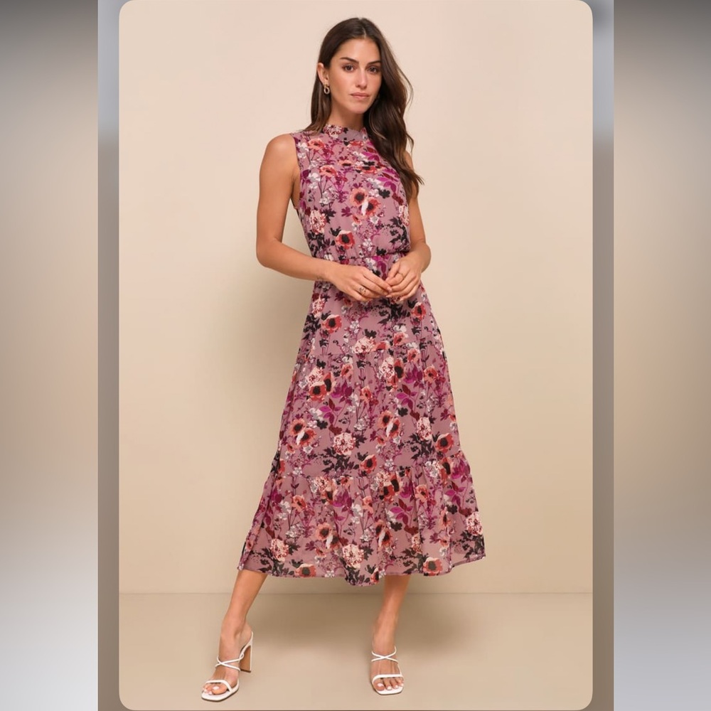 Lulus Purple & Burgundy Floral Print Mockneck Tiered Skirt Dress, size XL